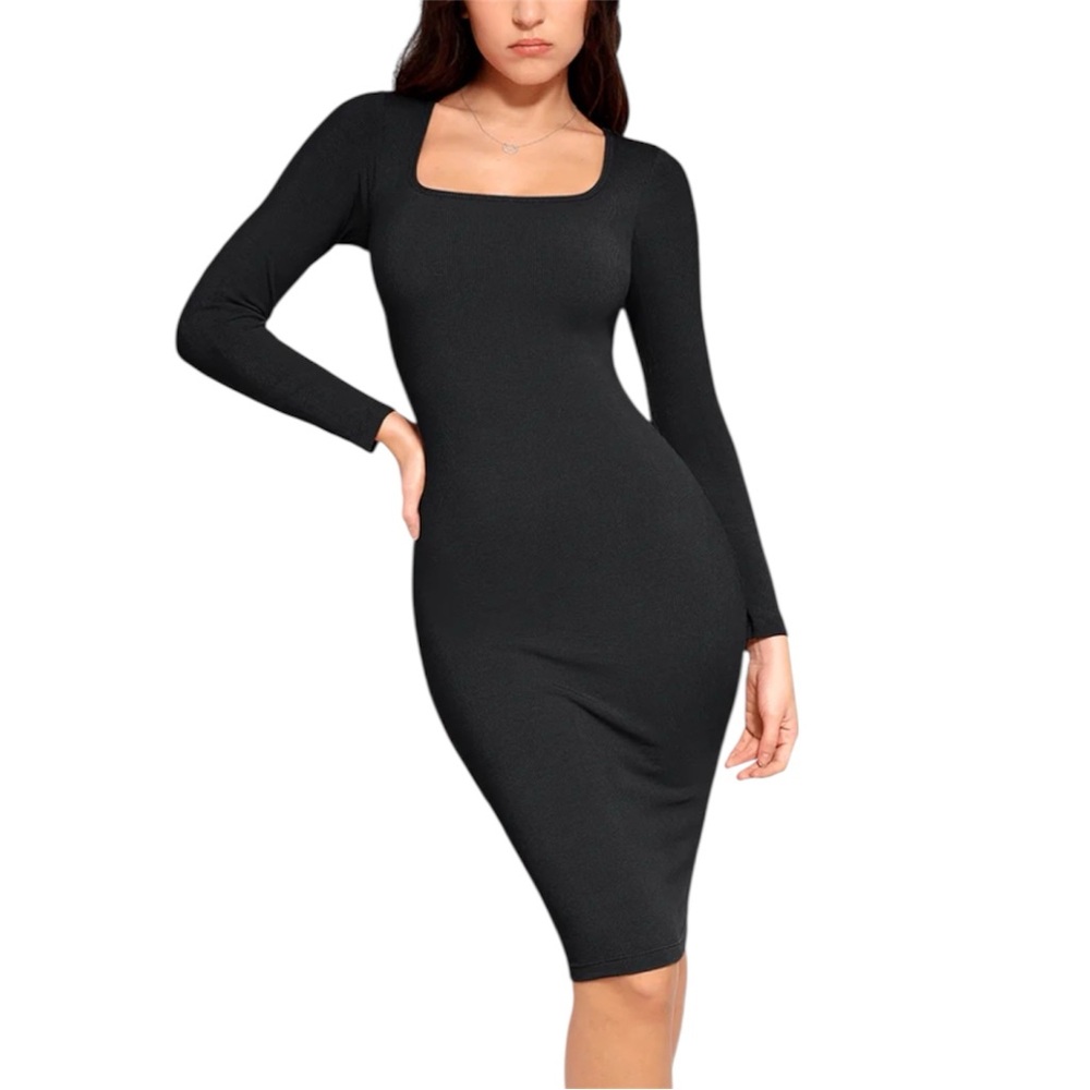 NWT Popilush Built-In Shapewear Size Large Black Long Sleeve Midi Dress